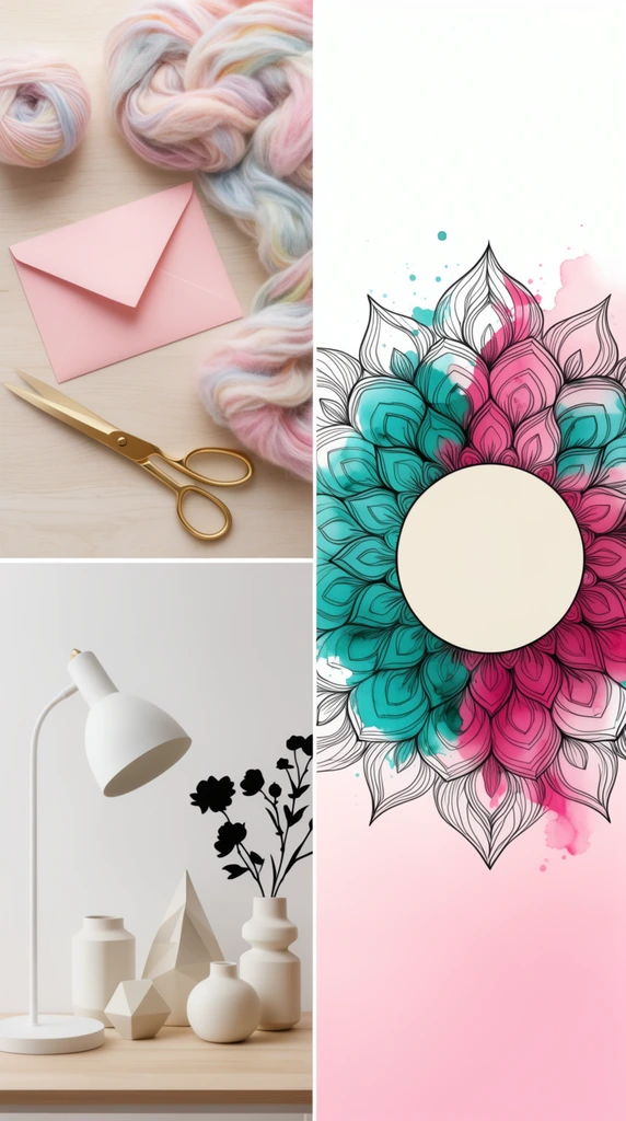 three distinct scenes on a white to pastel pink gradient background, top left flat lay with gold scissors, pink envelope, and fluffy pastel yarn on light wood, bottom left minimalist desk with a white lamp, geometric decor, ceramics, and black floral silhouettes, right scene features an intricate black line art mandala around a central solid cream circle, bright teal and magenta watercolor splashes bleeding through the symmetrical petals, soft lighting, modern aesthetic