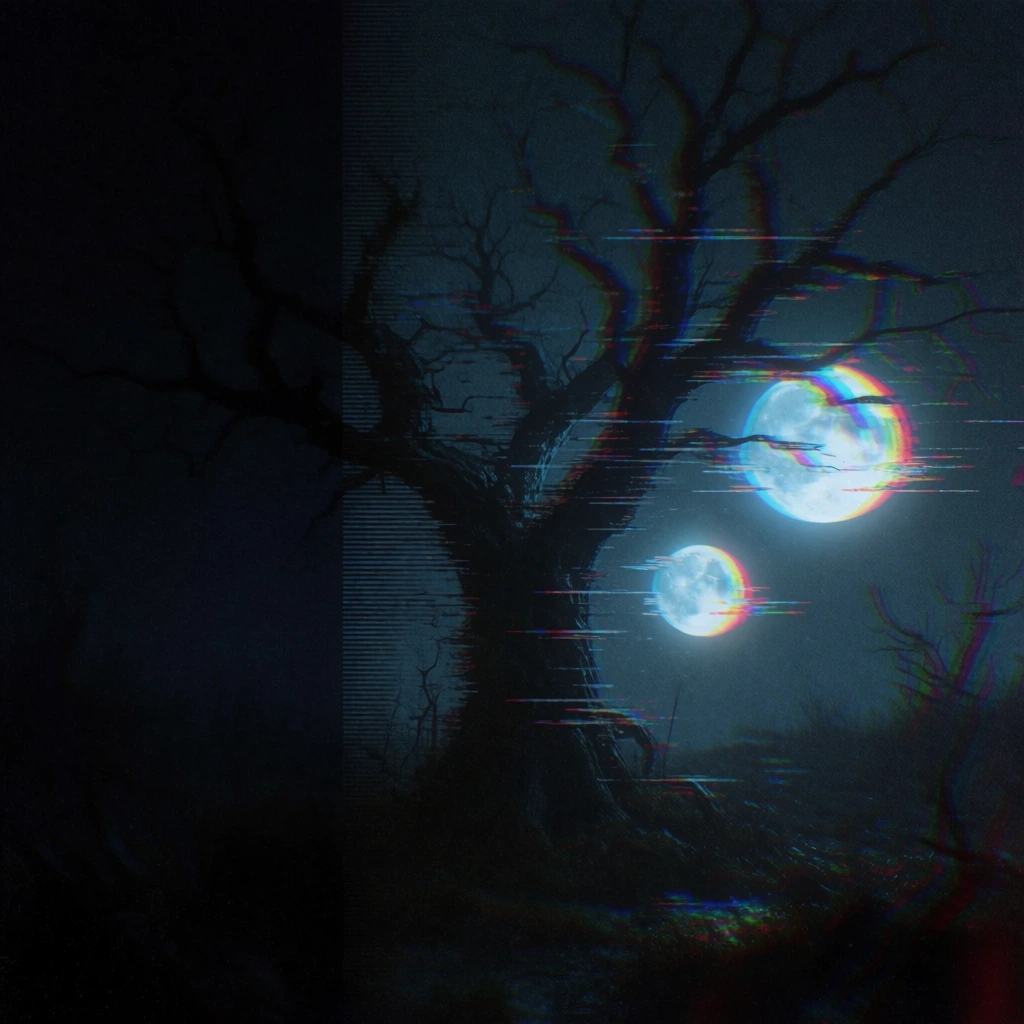 dark analog horror aesthetic, grainy film texture, high-contrast chiaroscuro lighting, vertical split composition with the left side in pitch black, a gnarled deciduous tree centered on the divide with the right half visible in muted earth tones, horizontal glitch artifacts and motion blur across the branches, two circular celestial bodies glowing with an icy blue chromatic aberration halo, moody lo-fi atmosphere, gritty noise, eerie cinematic style