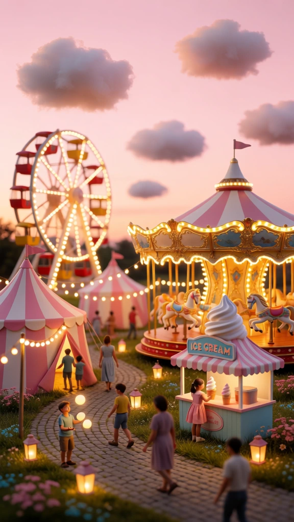 A miniature-style, illuminated carnival scene at twilight features a carousel, a ferris wheel, and several pink-and-white striped tents under a soft pink sky with fluffy clouds. In the foreground, small figures of children and adults walk along a grey cobblestone path, including a young boy on the left juggling three glowing yellow orbs. To the right, a small ice cream stall with a pink-and-white striped roof and a large soft-serve swirl on top bears the text "ICE CREAM" in blue capital letters on its front sign. A young girl in a pink dress stands at the counter of the stall. Behind the stall, an ornate carousel with golden accents and white horses is brightly lit with warm bulbs. On the left side, a large pink-and-white striped tent stands near the path where two figures are entering, while further back, a tall ferris wheel with red and yellow passenger cars rises against the dusk sky. Numerous strings of warm fairy lights are draped between the structures, and small lanterns sit on the grass among tiny pink and blue flowers. The sky is a gradient of soft pink and orange, populated by several isolated, puffy white clouds that appear to float independently. The image employs a selective focus technique, creating a tilt-shift effect that makes the scene look like a miniature diorama, with a color palette dominated by warm gold, soft pink, and pastel blues. Warm light emanates from the various rides, stalls, and lanterns, casting a soft glow on the figures and the path.