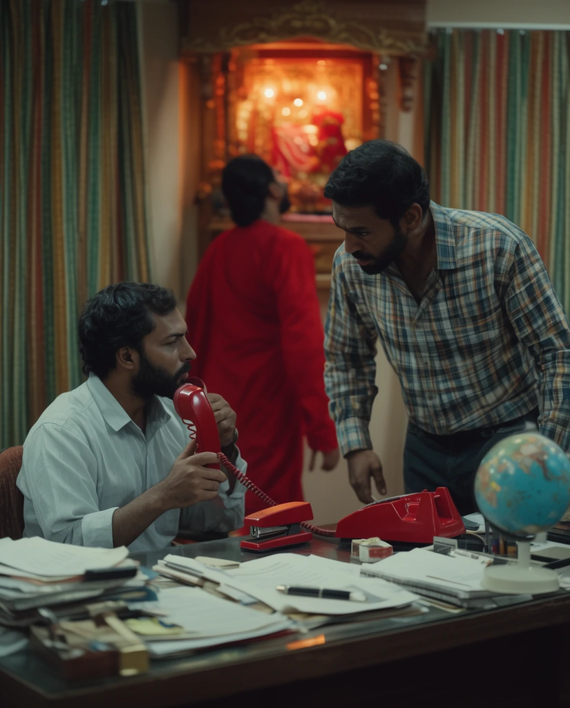 tense office confrontation, seated bearded man holding a red telephone receiver, standing man in plaid shirt leaning aggressively over a desk, background figure in red near an illuminated shrine, cluttered desk with stapler and globe, striped curtains, cinematic lighting, film still