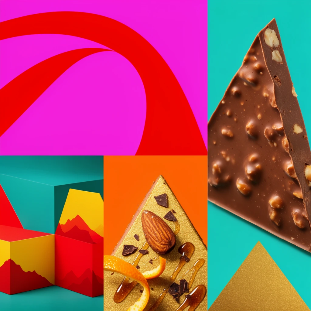 A vibrant color-blocked collage combining bold graphic design with macro photography. A top-left magenta section features sweeping abstract red curves. The bottom-left displays a geometric 3D arrangement of teal, yellow, and red blocks bearing abstract red mountain silhouettes. Centered below is an orange square framing a textured golden triangle garnished with a roasted almond, chocolate shards, an orange peel curl, and glossy syrup drizzles. The right side highlights a thick, three-dimensional triangular slice of milk chocolate heavily speckled with embedded nuts, positioned against a striking teal backdrop above a flat metallic gold triangle.