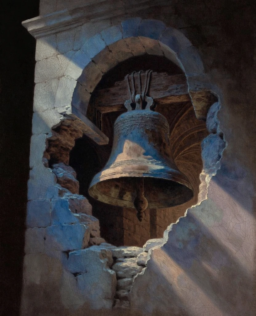 oil painting on coarse linen, a massive weathered bronze bell hanging in a crumbling stone tower, a jagged circular breach in the tower wall reveals a dark vaulted interior, dramatic chiaroscuro with sharp diagonal shafts of golden sunlight, desaturated cerulean and slate blue exterior glazes, rich burnt umber and ochre interior shadows, baroque surrealism, heavy impasto, fine craquelure, sfumato edges, somber introspective mood, low-angle perspective.