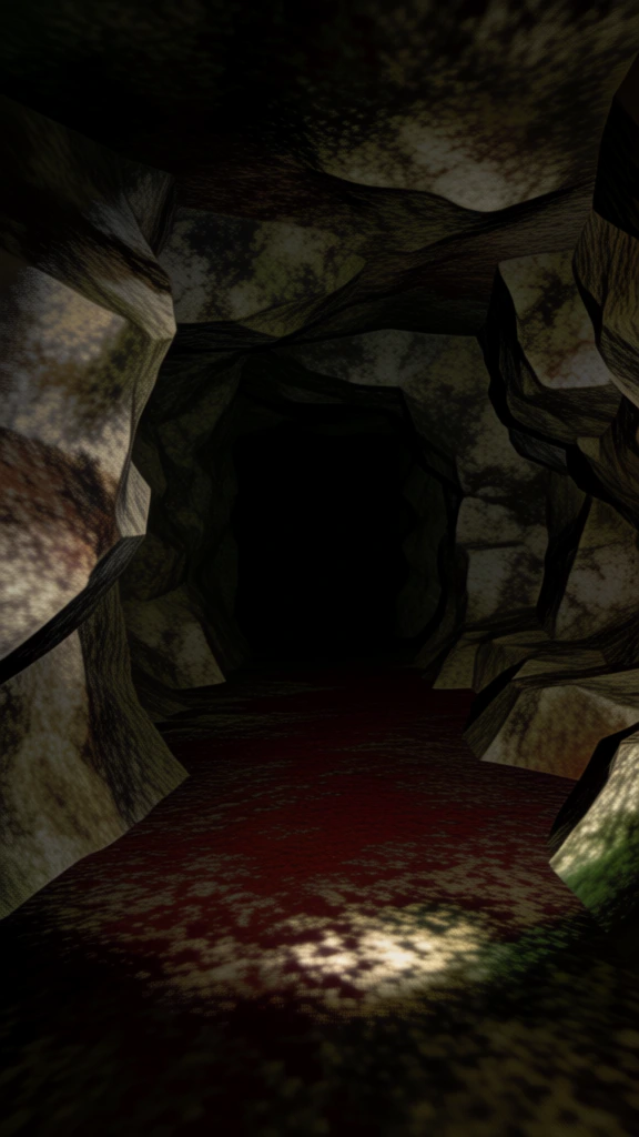 A dimly lit, narrow rocky cave passage leads into a pitch-black abyss with a textured, reddish-brown floor. The passage is framed by craggy, uneven rock walls covered in a mottled pattern of dark green, gray, and brown textures that resemble moss and weathered stone. To the left, a large rock face juts inward, its jagged surface highlighted by a light source from the foreground. To the right, more uneven rock formations create a sense of tight enclosure, with deep shadows filling the crevices. The floor is covered in a dark, splotchy reddish-brown material that resembles dried blood or mud, concentrated in the center of the path and fading into deeper darkness at the edges. A pitch-black, rectangular opening sits at the end of the passage, representing a complete absence of light. The environment is a subterranean tunnel or cavern, viewed from a low, eye-level perspective as if looking through the eyes of someone standing within the space. The image features low-resolution digital rendering with visible pixelation and dithered gradients, characteristic of retro 3D computer graphics. Lighting appears to originate from a point source near the viewer, casting bright highlights on the foreground floor and the inner edges of the rock walls while leaving the ceiling and distant areas in heavy shadow. The color palette is dominated by dark earthy tones of olive green, deep brown, and black, with a stark contrast provided by the crimson-hued floor.