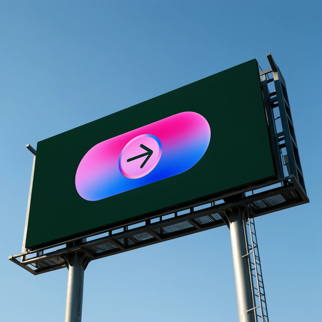 large outdoor billboard against a clear blue sky, low angle perspective, dark green canvas, central vibrant pink and blue gradient pill shape, circular right-pointing arrow within the pill, metal support structure underneath, bright daytime lighting, realistic photography