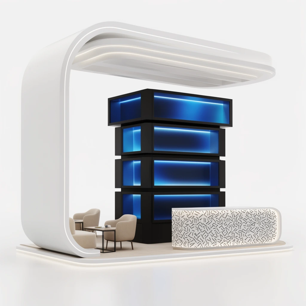 modern 3D exhibition booth, white C-shaped shell, stacked black displays with glowing blue interiors, patterned reception counter, beige seating area, plain white background, clean minimalist architectural render