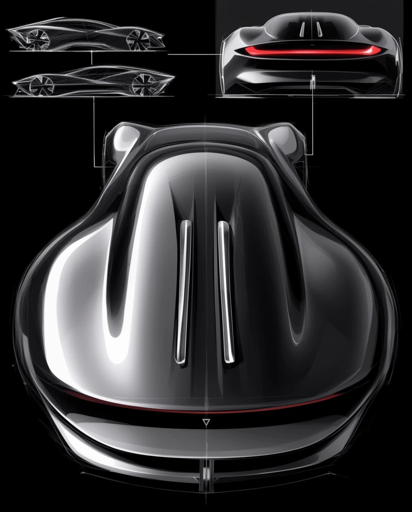 High-contrast industrial design sketches of a futuristic concept car arranged on a solid black canvas. A dominant central render depicts a highly reflective, aerodynamic vehicle from a top-down rear angle, emphasizing sweeping curves and a split rear deck with twin vertical metallic accents. Smaller surrounding orthographic studies display wireframe contours and a rear perspective featuring a glowing red horizontal taillight strip. Thin white technical lines connect the various angles. The sleek presentation utilizes a monochromatic palette of deep blacks and brilliant white highlights, accented by isolated touches of luminous red.
