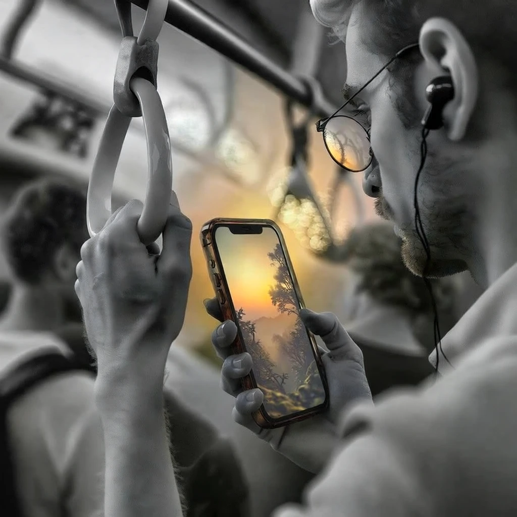 selective color close-up, monochromatic grayscale crowded transit setting, man in foreground wearing minimalist glasses and an earbud, hand gripping a vertical grab handle and a smartphone, shallow depth of field with blurred passengers in background, smartphone screen is a vivid orb of warm color showing a glowing sunset landscape, cinematic lighting, sharp focus on the glass portal, desaturated textures, high contrast between the gray reality and the luminous screen.