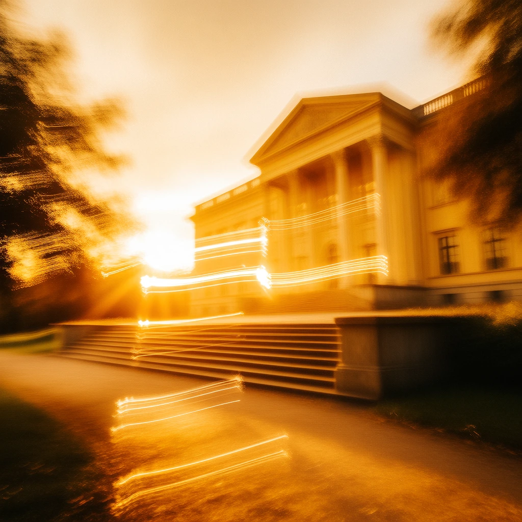 cinematic long exposure, impressionistic architectural study of a building with majestic front steps, blurred silhouettes of trees, a low radiant sun casting horizontal streaks of light, intense warm amber and golden palette, intentional camera movement, painterly motion blur, ethereal atmosphere, glowing highlights, deep ochre shadows, soft textured focus, dreamlike landscape, high contrast light trails, golden hour glow, fluid organic shapes, abstract urban photography style.