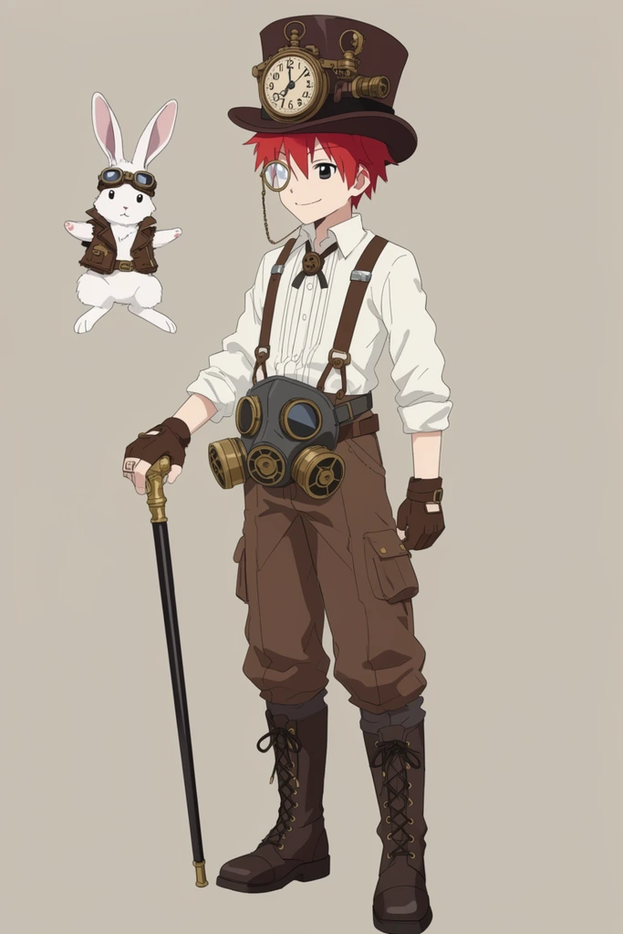 anime boy in steampunk clothing, red hair, brown top hat with attached clock, monocle, white shirt, brown suspenders, gas mask at waist, cargo pants, laced boots, holding cane, floating white rabbit wearing leather vest and goggles, 2D cel shaded illustration, flat colors, neutral background