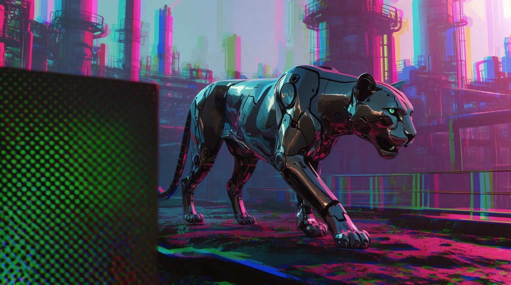 A sleek metallic robotic cougar prowls a cyberpunk industrial refinery. A blurred heavy foreground panel features green halftone dots. Vibrant neon pink and cyan lights create intense chromatic aberration in a stylized graphic aesthetic.