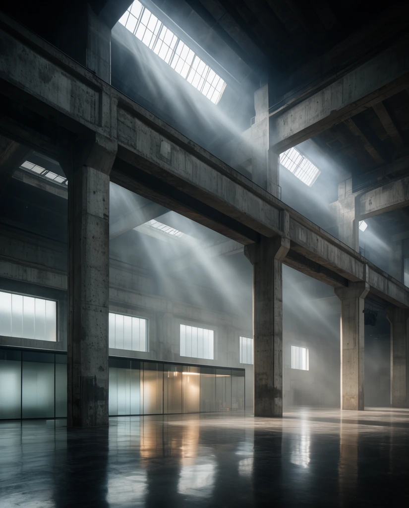 A vast industrial hall featuring massive concrete pillars and heavy overhead cross-beams. Dramatic volumetric light rays pierce through atmospheric haze from upper skylights. Frosted lower windows and a modern glass-enclosed structure border the left wall. Ethereal warm light reflects off a highly polished dark floor. The wide-angle architectural photography captures brutalist scale, contrasting cool concrete grays with deep atmospheric shadows.