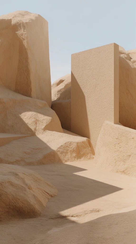 A stark, surreal landscape of imposing rocky formations rendered entirely in a monochromatic palette of warm beige, biscuit, and sandy ochre. The monolithic geological structures exhibit a distinctly geometric, brutalist quality, defined by flat planes, sharp architectural edges, and a pronounced, rough stucco-like granular texture covering every surface. Intense, highly directional sunlight strikes the formations from a high angle, producing a dramatic chiaroscuro effect with glaringly bright highlights and deep, razor-sharp geometric shadows cascading across the textured terrain. A patch of pale, clear blue sky provides the sole color contrast against the uniform earthy tones of the rock forms. The wide-angle, deep-focus composition captures clean, rectilinear intersections of light and shadow, establishing a highly stylized, liminal desert environment characterized by minimalist precision and uniform, matte, porous materials.