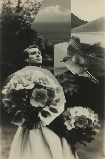 Monochrome Surrealist Montage style reference image — analog halftone aesthetic