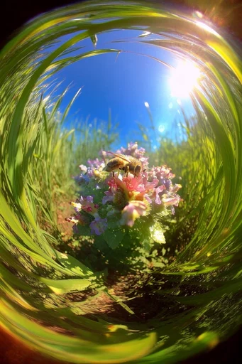 Spherical Miniature Worlds style reference image — vibrant nature palette