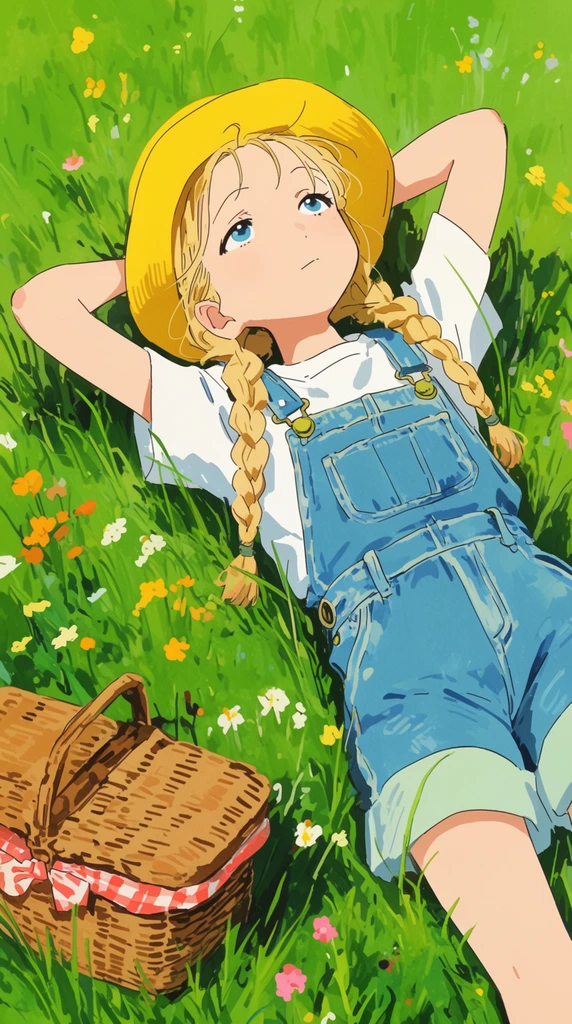 Anime-style illustration of a girl with blonde braids resting on her back in vibrant green grass. Wearing denim overalls and a yellow hat, she gazes upward peacefully, hands behind her head. A woven picnic basket sits nearby amidst scattered wildflowers.