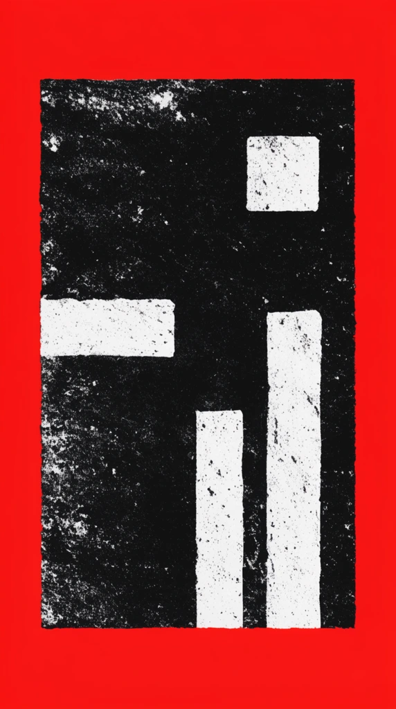 A stark abstract graphic composition featuring heavily textured black and white geometric shapes set against a vibrant solid red background. The central black rectangle is deeply distressed with white noise, containing an asymmetrical arrangement of rough white blocks. These include a small square in the upper right, a horizontal bar on the mid-left, and two vertical pillars of differing widths anchored to the bottom right. The aesthetic evokes mid-century modernist design and gritty retro photocopy art through its extreme high contrast and stark minimalism.