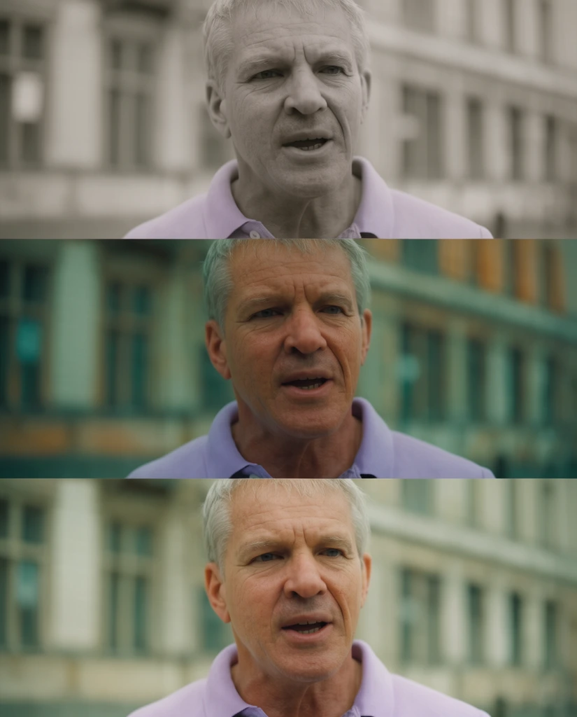 vertically stacked three-panel triptych, identical close-up portraits of a speaking middle-aged man with short gray hair, lavender polo shirt, top panel flat desaturated lighting, middle panel cinematic teal and orange color grading, bottom panel natural balanced color, weathered facial features, blurred architectural background, shallow depth of field