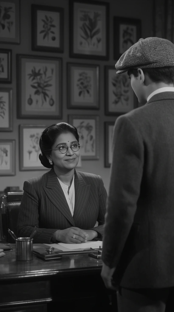 A black-and-white cinematic over-the-shoulder shot of a middle-aged South Asian woman with a sleek updo sitting behind a polished desk. She wears a tailored pinstripe blazer and round glasses, looking up with a measured smile at a young man standing in the foreground. The man's back is to the camera, revealing a textured tweed flat cap and broad shoulders. Behind the woman, a wall is densely covered with framed botanical illustrations in various sizes. The scene features classic studio lighting with deep shadows, soft midtones, and crisp focus on the seated woman's expressive face, capturing a polished vintage dramatic film aesthetic.