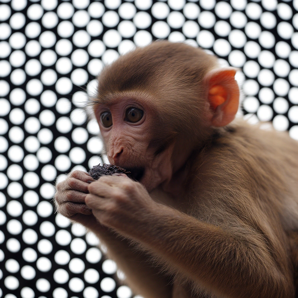 A close-up portrait of a juvenile brown monkey raising a dark morsel to its mouth. The primate gazes leftward, its expressive face, pinkish ear, and messy tan fur highlighted by soft natural lighting. Directly behind it, an out-of-focus background features a stark geometric pattern of bright white circular holes punched through a dark surface. The shallow depth of field creates a striking contrast between the sharply rendered organic textures of the monkey's face and hands and the graphic, luminous bokeh of the rigid backdrop.