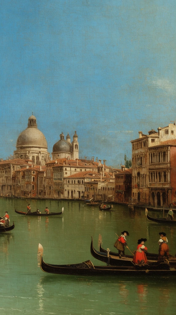 classical oil painting of a bustling canal, dark gondolas with rowers in period dress, historic continuous waterfront facades, domed stone churches, calm greenish water, vast blue sky, visible canvas texture