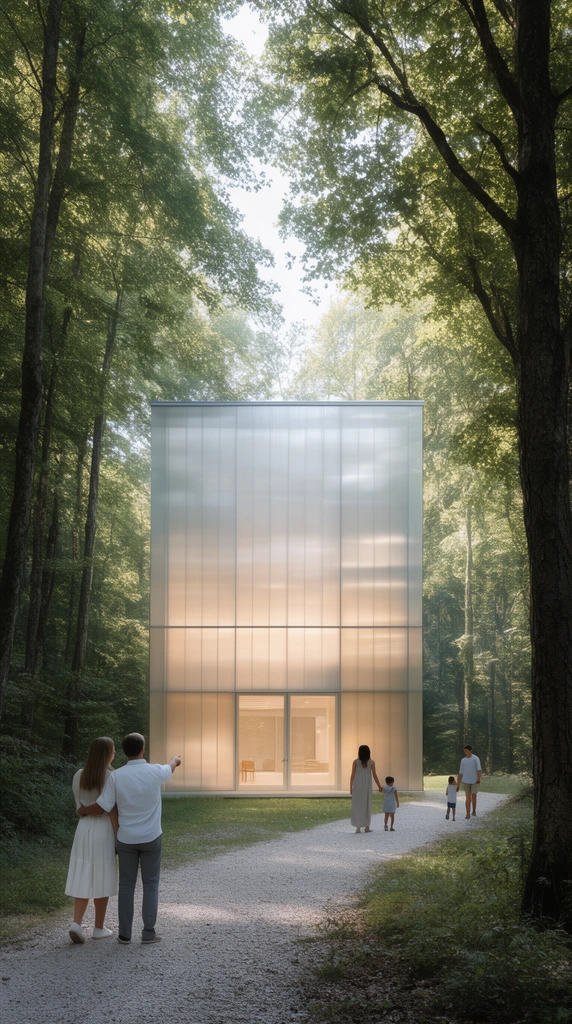 A modern translucent rectangular building glows within a dense forest clearing. A gravel path leads toward the structure, traversed by a pointing couple and a walking family. Tall trees frame the photorealistic architectural scene under soft dappled sunlight.