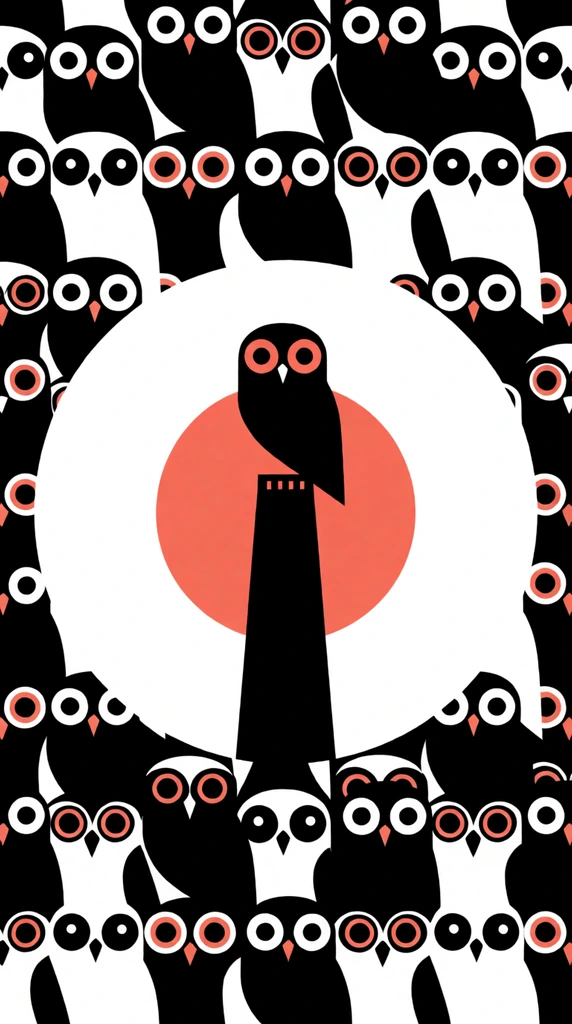 central black owl and tower silhouette over a coral circle, framed by a solid white circle, surrounded by a geometric pattern of stylized black and white owls, flat vector graphic, mid-century modern aesthetic, high contrast