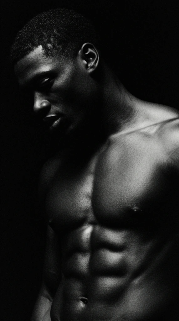 A dramatic monochrome portrait of a muscular, shirtless Black man emerging from pitch-black shadows. His head tilts downward to the left, with striking chiaroscuro lighting sculpting his short hair, strong jawline, defined chest, and prominent abdominal muscles. The profound darkness completely isolates his upper body, creating an intense interplay of bright skin highlights and deep, enveloping voids. The close-cropped composition features a subtle film grain texture.