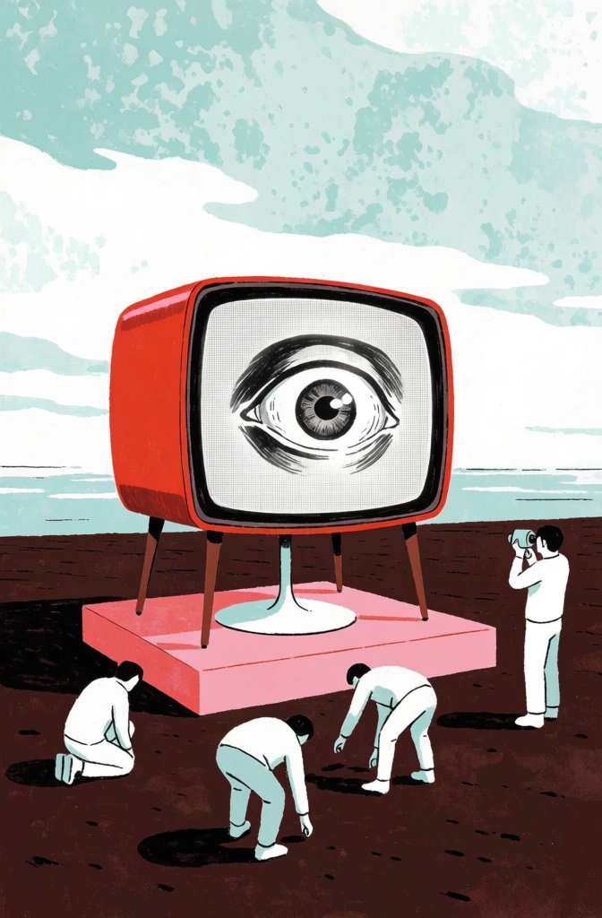 A large, vintage-style red television set with a curved body and four thin brown legs dominates the center of a surreal landscape. The television screen displays a detailed, wide-open human eye in shades of gray and white, staring directly forward with a visible iris and pupil against a dark, shadowy background. Below the television, several small, stylized humanoid figures with white skin and clothing are scattered across a dark brown, earthen ground. One figure on the far right stands in profile, holding a small object to their face as if taking a photograph. Two figures in the center foreground are bent over or kneeling toward each other, while another figure on the far left is also kneeling. The television stands on a white rectangular surface placed over a larger pink rectangular platform. In the background, a flat horizon line separates the dark ground from a pale teal and white sky with soft, cloud-like textures. The composition uses a low-angle perspective, emphasizing the massive scale of the television relative to the miniature people. The artistic style is a digital illustration with a surrealist aesthetic, featuring clean shapes, soft lighting, and a color palette dominated by the vibrant red of the TV, the pink of the base, and the deep brown of the soil.