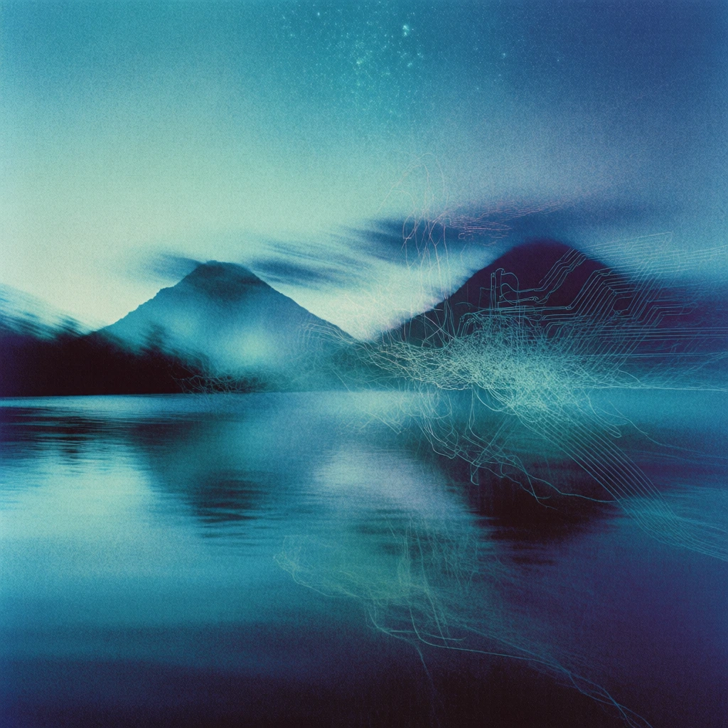 a panoramic body of water reflecting two silhouetted mountains, hazy clouds and distant stars, monochromatic cyan and deep indigo color palette, heavy film grain and high-signal noise, long exposure intentional camera movement, gestural circuit board lines rendered as chaotic kinetic light-trails and scribbles, ethereal glowing atmosphere, 90s shoegaze aesthetic, diffused light, high-contrast shadows, textural glitch artifacts, ethereal blur, nostalgic analog feel.