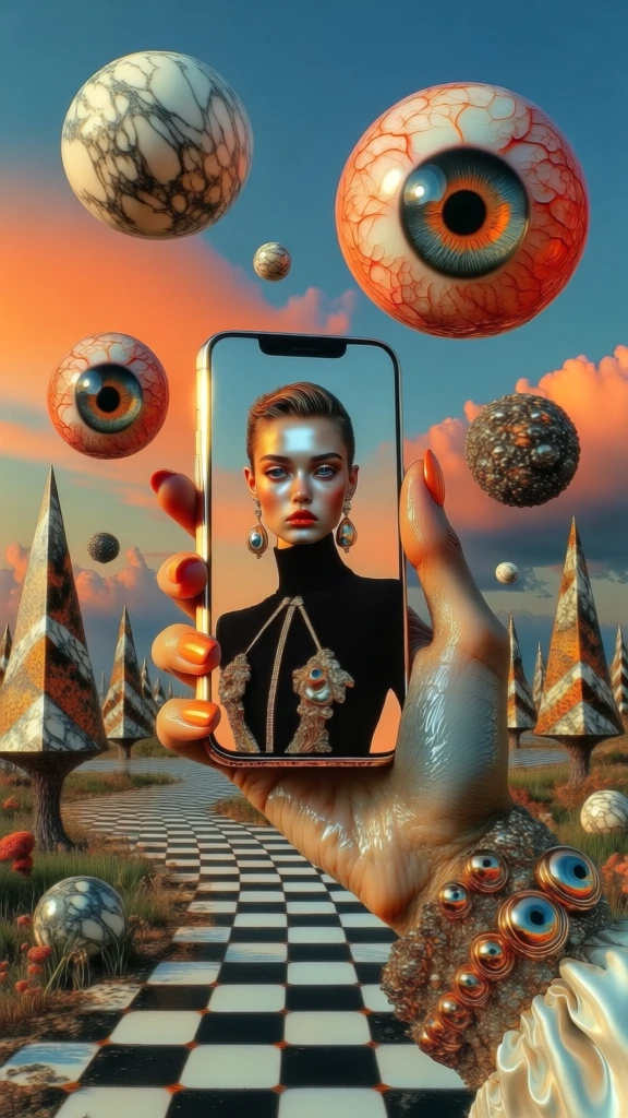 digital pop surrealism, close-up of a manicured hand holding a glowing smartphone displaying a high-fashion portrait of a woman, background of a black-and-white checkered path winding through stylized geometric trees, floating giant bloodshot eyeballs and textured marble spheres suspended in a vibrant orange and teal sunset sky, hyper-real glossy textures, sharp edge-to-edge focus, studio-lit foreground elements, uncanny dreamscape aesthetic, saturated palette, composited collage style