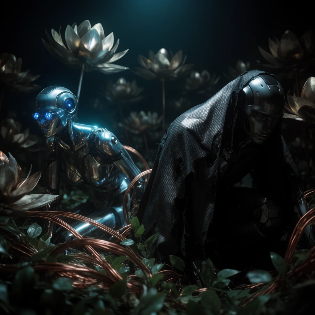 Two sleek cybernetic androids crouch low within a dense grove of giant metallic lotuses. The android on the left features polished chrome plating and glowing blue optical visors, glancing off to the side. The right android leans forward, its dark gunmetal chassis blending into the heavy shadows beneath a tattered carbon-fiber cloak. Coiled copper wiring and synthetic foliage in the foreground partially obscure their lower halves. The environment is submerged in deep darkness, pierced only by a cool cyan artificial light from above that highlights the metallic contours of the left figure. Shot with a widescreen cinematic framing, the high-contrast chiaroscuro lighting and shallow depth of field create a tense, stealthy atmosphere.
