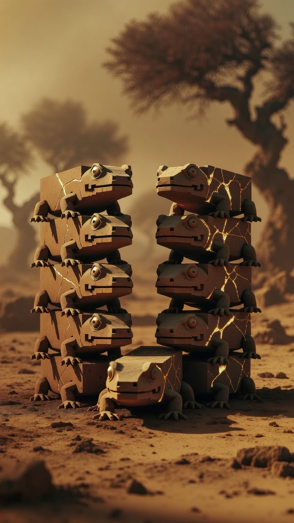 eleven blocky pixelated salamander creatures arranged in two vertical columns with one centered at the bottom, sculpted from weathered terracotta with luminous gold kintsugi-filled fissures, positioned on parched desert earth, gnarled silhouettes of distant trees in soft bokeh, atmospheric sepia haze, diffused golden hour lighting, low-angle ground-level perspective, cinematic film grain, monochromatic ochre and dust color palette, surreal archaeological aesthetic.