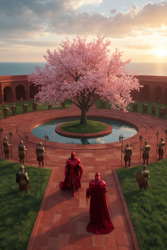 cinematic wide shot of a red sandstone courtyard, central blossoming pink cherry tree, circular reflecting pool, two towering crimson knights walking, perimeter guarded by bronze-armored warriors with halberds, green grass, distant blue ocean, golden sunrise, epic fantasy scale