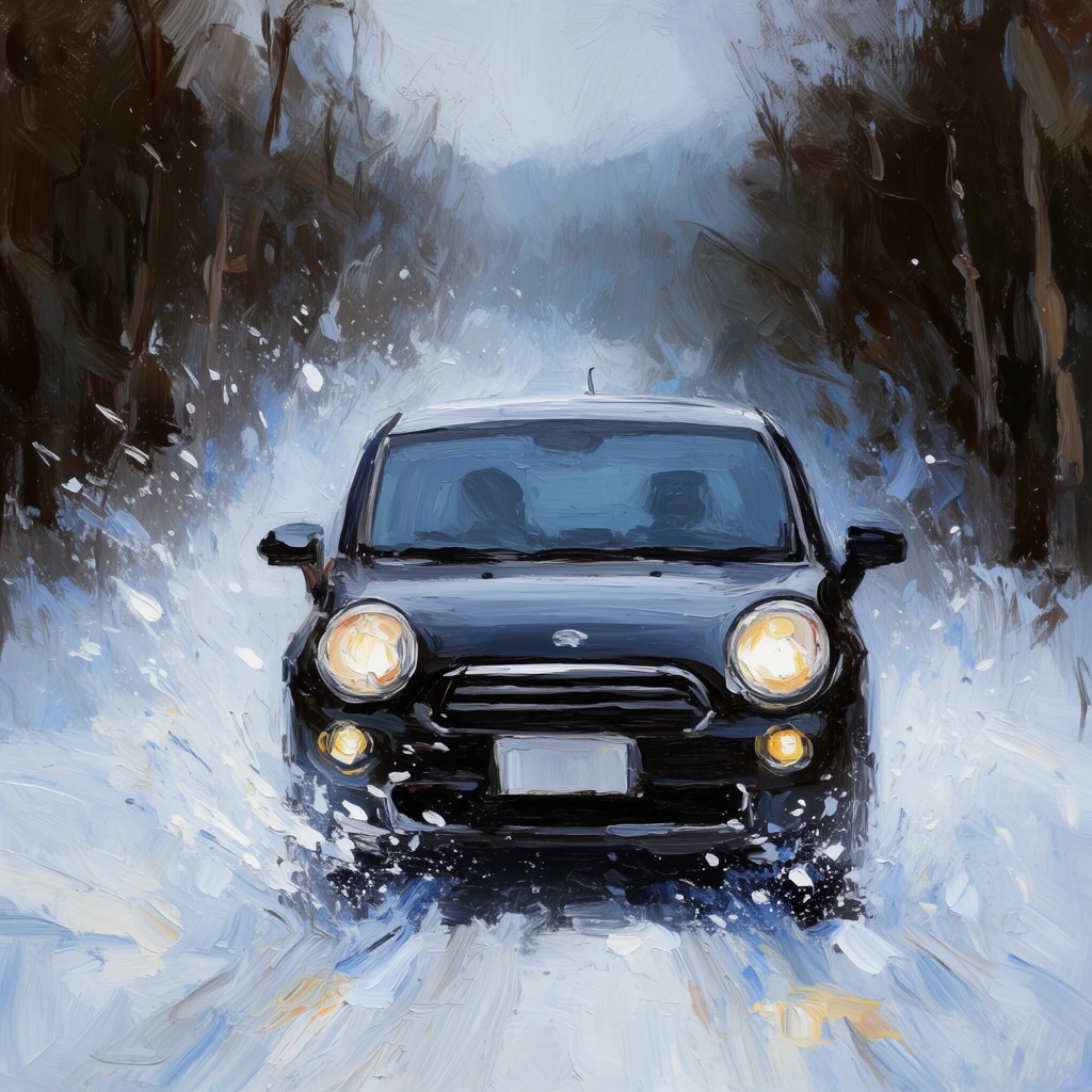 A thick impasto painting depicts a dark compact car driving head-on through a snowy forest, its round yellow headlights glowing. Energetic, loose brushstrokes in white and pale blue capture chaotic snow splatters kicked up by the vehicle. Shadowy trees in dark browns flank the slushy path under an overcast sky. The artwork features a cool winter palette of icy blues contrasting with warm headlight reflections, utilizing dynamic textures.