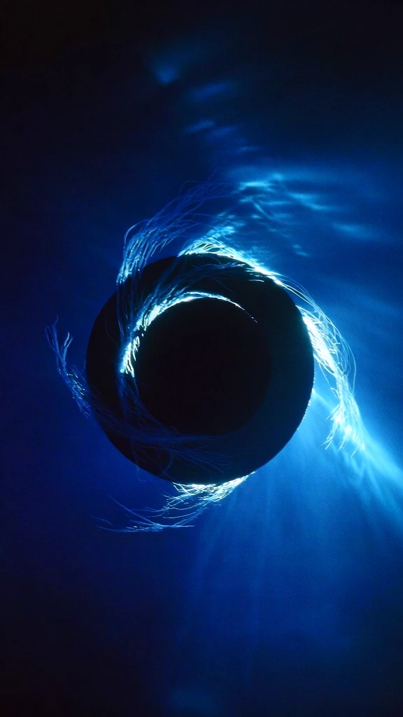 central geometric circle, concentric swirling rings, delicate kinetic filaments, high-contrast backlit rim lighting, monochromatic cobalt and indigo palette, ethereal liquid atmosphere, caustic light patterns, wispy motion-blurred textures, deep negative space, cinematic film grain, bioluminescent glow, weightless composition, mysterious and transcendent aesthetic, sharp highlights on trailing edges