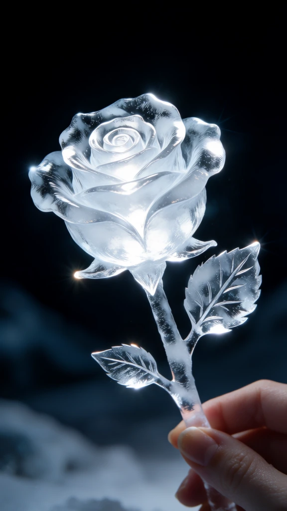 A glowing rose meticulously carved from clear, translucent ice is held by a human hand against a dark, snowy backdrop. The rose blossom is the central focus, featuring layered crystalline petals that spiral outward from a center emitting a soft, brilliant white light. This internal illumination highlights the fine textures, frozen droplets, and frozen-in-place ripples within the ice. The stem is a slender, transparent rod of ice with two detailed leaves branching off, each displaying etched vein patterns and sharp, glistening edges. Small, bright starburst glints of light catch on the tips and ridges of the frozen sculpture, adding a sparkling effect. In the bottom right corner, the fingers of a pale hand are visible, firmly grasping the base of the icy stem. The background consists of a dark, out-of-focus landscape of snow and shadows, rendered in deep navy and cool blue tones. The composition is a close-up shot with a shallow depth of field, emphasizing the intricate craftsmanship of the ice rose through dramatic internal lighting and high-contrast highlights.