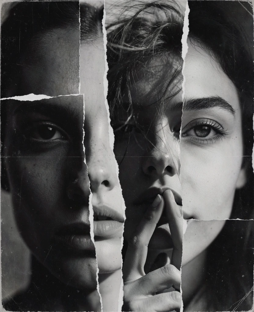 A stark black-and-white collage shows several torn photographic fragments of human faces assembled into one unsettling composite portrait, creating a fractured identity that feels intimate, eerie, and emotionally charged. analog photo collage, torn gelatin silver print look, black-and-white portraiture, surrealism, photomontage, fine art photography, experimental editorial, wabi-sabi damage, distressed surface, moody, uncanny, psychologically intense, high contrast, soft focus in places, grainy texture, paper tears, fold marks, scratches, dust specks, uneven edges, darkroom print aesthetic, Dada-adjacent, Francesca Woodman, Man Ray, Hannah Höch, John Stezaker, Roger Ballen, monochrome palette, deep blacks, bright whites, muted grays, diffuse exposure, strong tonal separation, no visible camera metadata, scanned print appearance, physical wear artifacts visible. The composition is tightly cropped and vertically oriented. On the far left, a large strip shows the left side of a face in deep shadow: one dark eye sits slightly below center-left, staring forward, with a heavy brow above and textured cheek and faint facial hair below; the forehead occupies the upper left quadrant. Slightly right of that, a narrow pale strip runs from top to bottom, mostly blank white near the top, then revealing the bridge of another person’s nose in the center and full lips in the lower middle, both softly lit and smooth. In the upper center-right, a darker torn strip contains the middle of a different face: messy strands of dark hair hang from the top edge, a nose descends into the center, shadowed lips rest just above mid-height, and two fingers press against the lower lip and chin area, suggesting contemplation or silence. On the far right, the brightest and largest facial fragment shows the right half of another face: a sharply detailed eye sits just right of center, framed by a defined eyebrow and fine lashes; below it, a smooth cheek and partial lips curve into the lower right quadrant. Wisps of hair trail along the top and right edges. The torn seams run vertically, jagged and irregular, with gaps of white background between them. Across the entire image, small scratches, creases, and scuffed marks reinforce the aged, tactile, handmade quality.