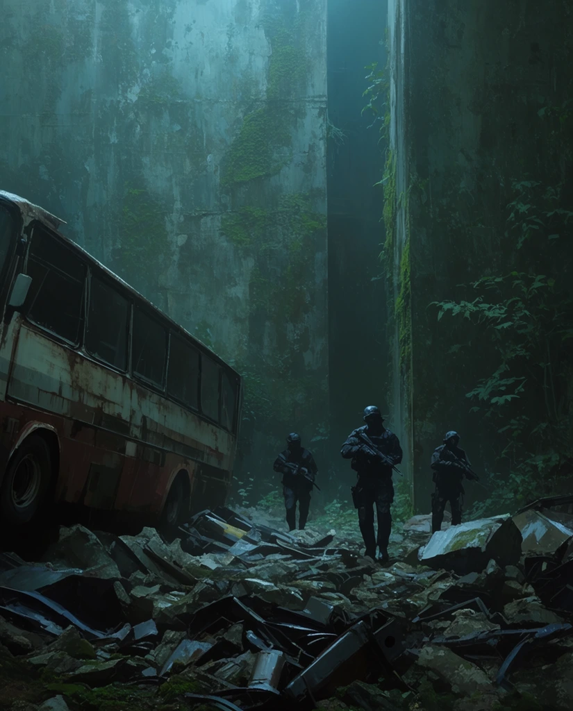 A desolate, overgrown urban ruin bathed in a cool teal haze. Three armed soldiers in dark tactical gear patrol a shadowed chokepoint between towering moss-covered concrete walls. An overturned, rusted passenger bus sits left amidst jagged rubble and metallic debris, rendered in a moody, cinematic concept art style.