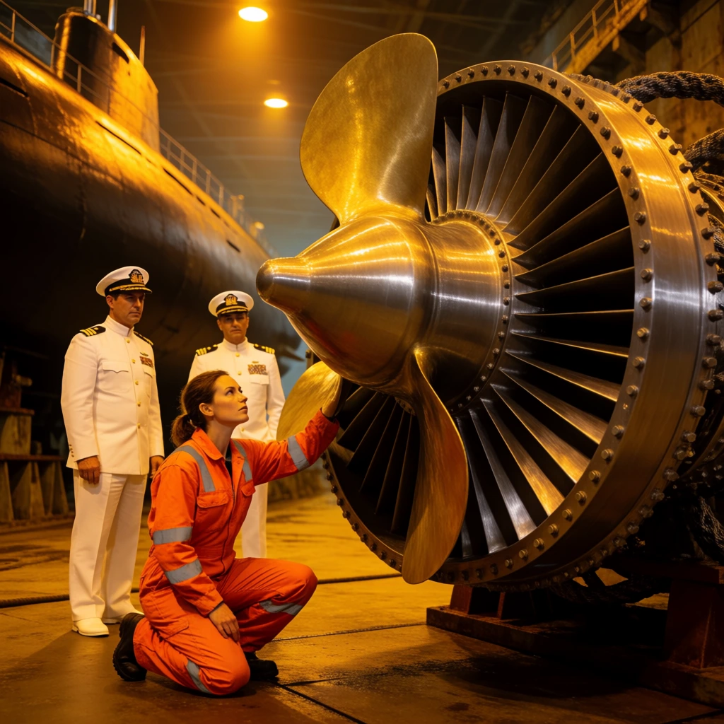 A massive titanium deep-sea propulsion turbine with heavy brass propellers dominates the right foreground. A female mechanic in a neon-orange coverall kneels, inspecting the machinery. Two naval officers in crisp white uniforms observe her from behind. The group stands in a cavernous drydock illuminated by harsh amber lighting, with enormous black submarine hulls looming in the background shadows. Cinematic anamorphic framing, high-contrast lighting, deep depth of field.