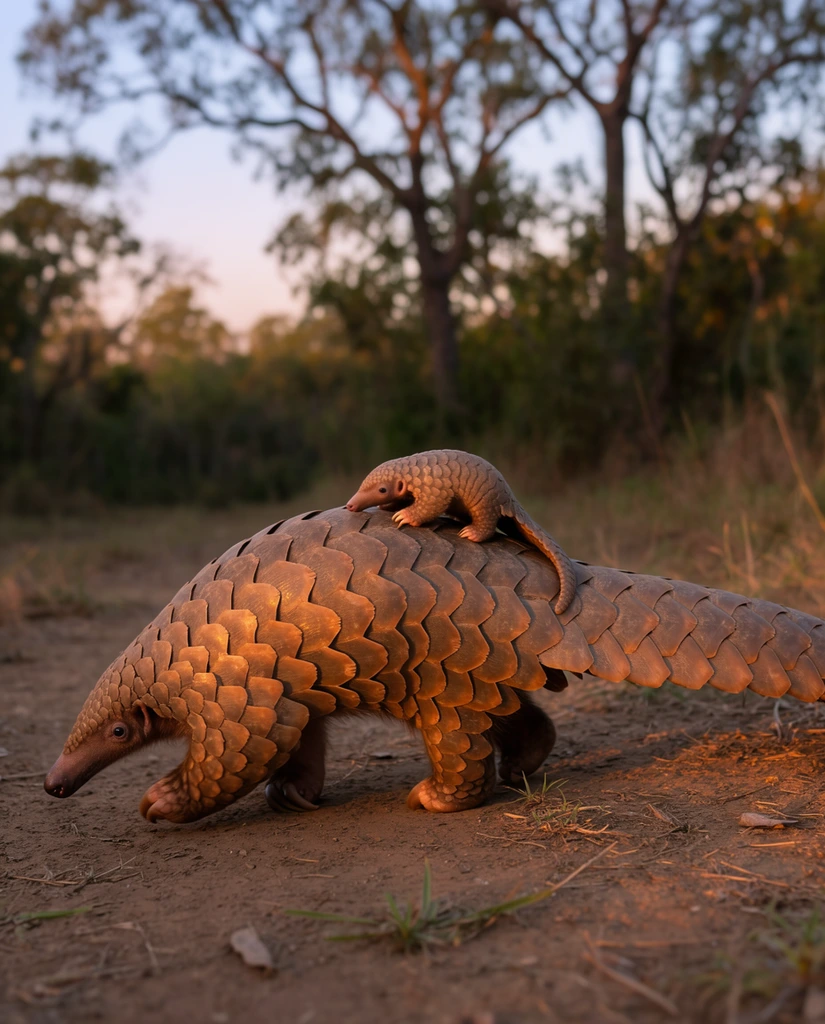 An adult pangolin carries its baby across a dirt clearing bathed in warm golden hour sunlight. Armored in overlapping brown and tan scales, the adult walks leftward with a long, heavy tail extending horizontally backward. A miniature baby pangolin clings tightly to the adult's lower back, its tiny scales matching the larger animal's texture. Sunlight illuminates their flanks, casting a glowing orange hue on the ridged armor. They traverse bare earth scattered with sparse dry grass blades against a soft-focus background of woodland trees under a pale twilight sky, captured from a low, ground-level wildlife photography perspective.
