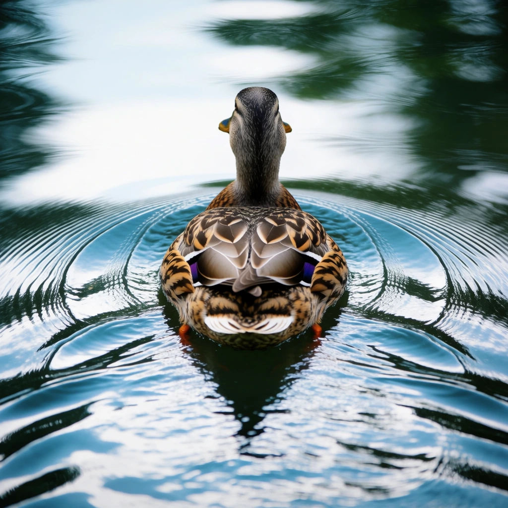 female mallard duck swimming away on highly rippled water, viewed from behind, brown speckled plumage, striking purple and white wing patch, concentric circular ripples radiating outward, glossy water surface reflecting a bright sky, deep teal tones, high contrast, cinematic nature photography