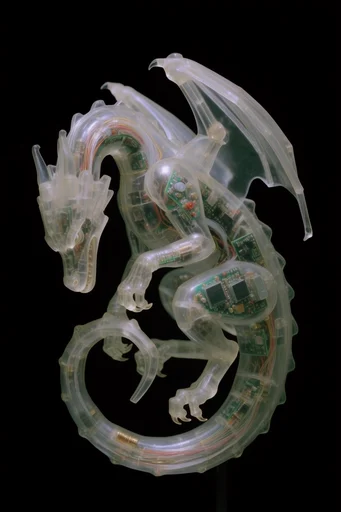 Translucent Bio-Cyber Assemblage style reference image — soft pastel and metallic color palette