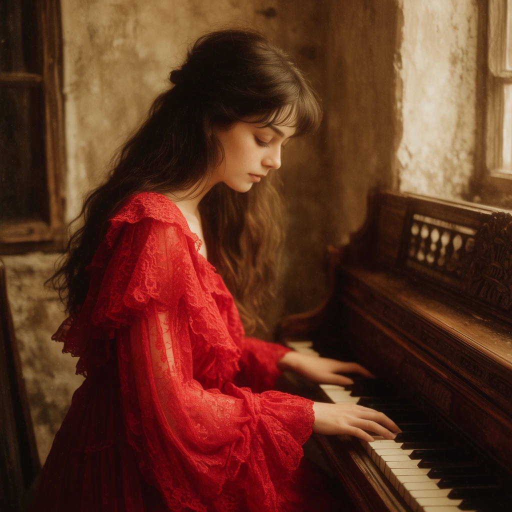 young woman playing antique wooden piano, wearing flowing red lace ruffled dress, dimly lit rustic room, textured walls, vintage sepia lighting, soft focus