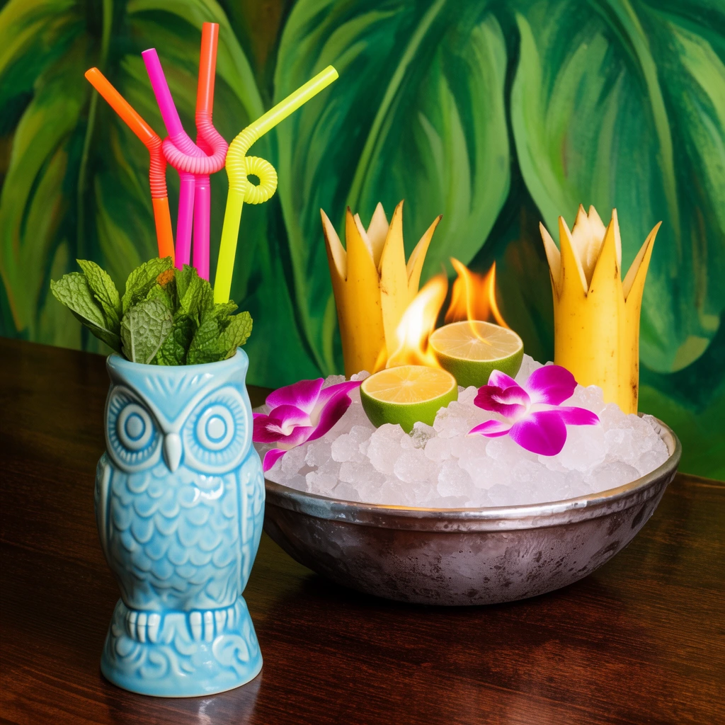 light blue ceramic owl tiki mug, tall neon bendy straws, fresh mint, wide crushed ice bowl, flaming lime halves, carved banana garnishes, purple orchids, dark wood table, painted tropical green leaf mural, vibrant warm lighting