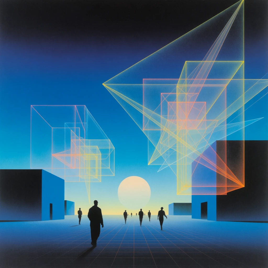 A surreal, retro-futuristic landscape features silhouetted figures walking across a faintly gridded plane toward a luminous, pale yellow celestial sphere on a distant horizon. Minimalist, blocky, dark blue architectural structures flank the pathway on the left and right. Ethereal, glowing wireframe geometries in neon yellow, orange, and blue overlay the environment, forming transparent cubic volumes and intricate, intersecting triangular planes suspended in the sky. The smooth atmospheric gradient of the sky transitions from vibrant cyan at the horizon to deep navy blue at the zenith. The artwork utilizes a polished airbrush aesthetic, contrasting the opaque, monolithic silhouettes against the delicate, luminous line work to create a dreamlike, synthwave atmosphere.