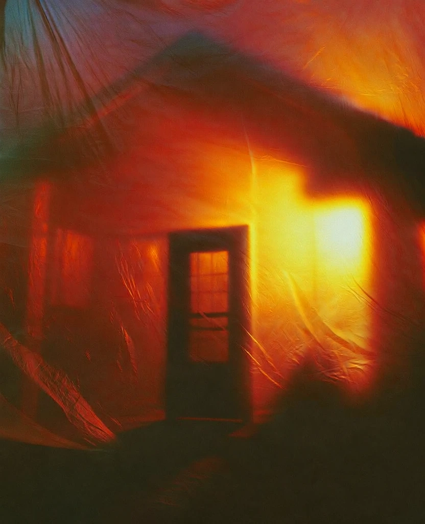 suburban house with a central door seen as a silhouette through a translucent red plastic membrane, glowing golden backlighting creating a vibrant orange and yellow aura, high contrast moody shadows, atmospheric analog film grain, ethereal light leaks, soft-focus architectural distortion, fire-like warmth, textured creases in the foreground medium, painterly saturated tones, minimalist composition, cinematic dream-like haze, lo-fi aesthetic.