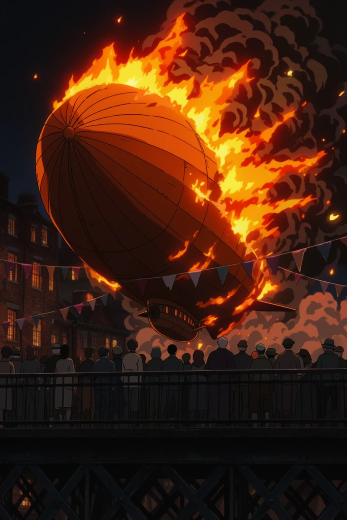 massive orange airship engulfed in jagged glowing flames and billowing smoke, dramatic nighttime explosion, silhouetted crowd of onlookers standing on a dark steel bridge in the foreground, triangular pennant banners strung across the scene, background brick buildings with warm illuminated windows, high contrast cinematic lighting, luminous fire highlighting the dark silhouettes, 2D animation style, detailed cel shading, monumental scale