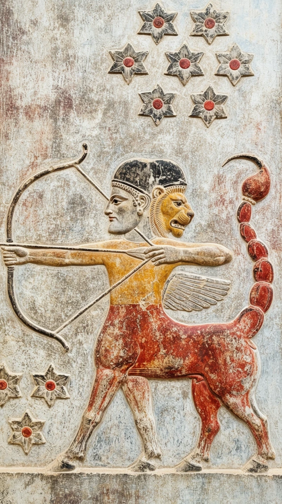 An ancient bas-relief stone carving depicts a mythical composite creature in strict profile drawing a bow and arrow. The figure features a reddish-brown quadruped lower body, a curving segmented scorpion tail, and a small feathered wing. Its human upper half has a dual-faced head with a human profile looking forward and a golden lion visage looking backward under a dark headdress. Above the creature, a cluster of eight six-pointed star motifs with red centers are carved into the textured background, alongside two more at the lower left. The composition uses faded, earthy ochre, rust-red, and black pigments on heavily weathered, pale gray masonry, emphasizing the flat, stylized perspective of ancient historical stonework.
