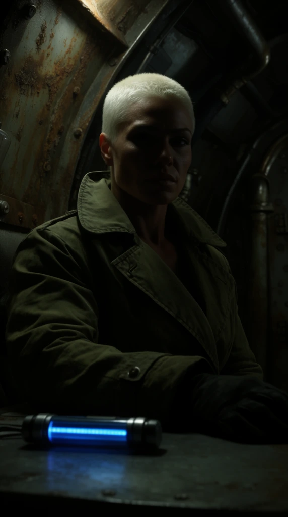 A muscular woman with a platinum blonde buzzcut sits in deep shadow inside a rust-covered metallic submarine bulkhead. She wears a thick, olive-green canvas trench coat with a high collar. Her gloved hand rests on a steel table beside a glowing neon-blue cylindrical data drive. Extremely low-key, cinematic lighting casts dense shadows across her stoic expression, punctuated by a harsh rim light catching the left side of her face and shoulder. The claustrophobic background features dimly lit exposed pipes and heavily textured iron panels.