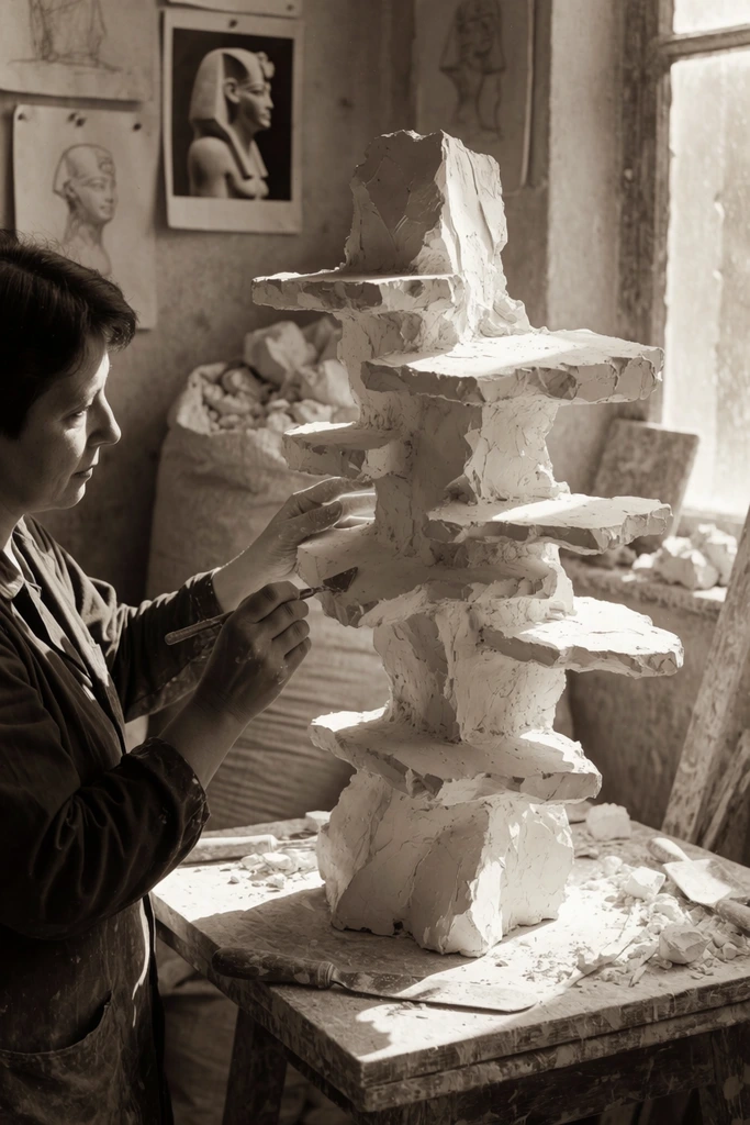 A woman meticulously works on a large, abstract plaster sculpture in a sunlit artist's studio in a vintage sepia-toned photograph. Positioned on the left, the woman has short dark hair and wears a dark long-sleeved smock. Her focused gaze is directed at the artwork as she uses a small metal modeling tool in her right hand to shape the rough material, her left hand gently supporting a protruding section. The sculpture dominates the center, featuring a vertical core with numerous jagged, irregular horizontal planes projecting outward in a dynamic, stacked arrangement. It rests on a wooden work table scattered with plaster chunks, spatulas, and scrap materials. Behind the artwork, natural light streams through a window on the right, casting strong highlights on the textured plaster and creating deep shadows. The cluttered background includes a bulky sack of materials and a wall adorned with pinned sketches and a photograph of a sculpted Egyptian profile. The high-contrast directional lighting emphasizes the stark, sharp angles of the sculpture against the softly lit background.